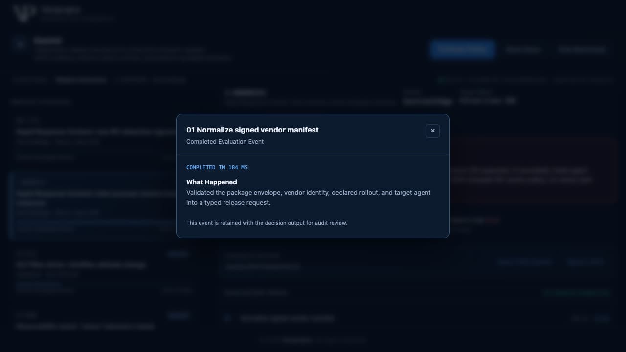 Una ventana modal de paso de la traza de evaluación de Kestrel que muestra «Normalizar manifiesto firmado del proveedor, completado en 184 ms», con una nota de que el evento se conserva para auditoría.