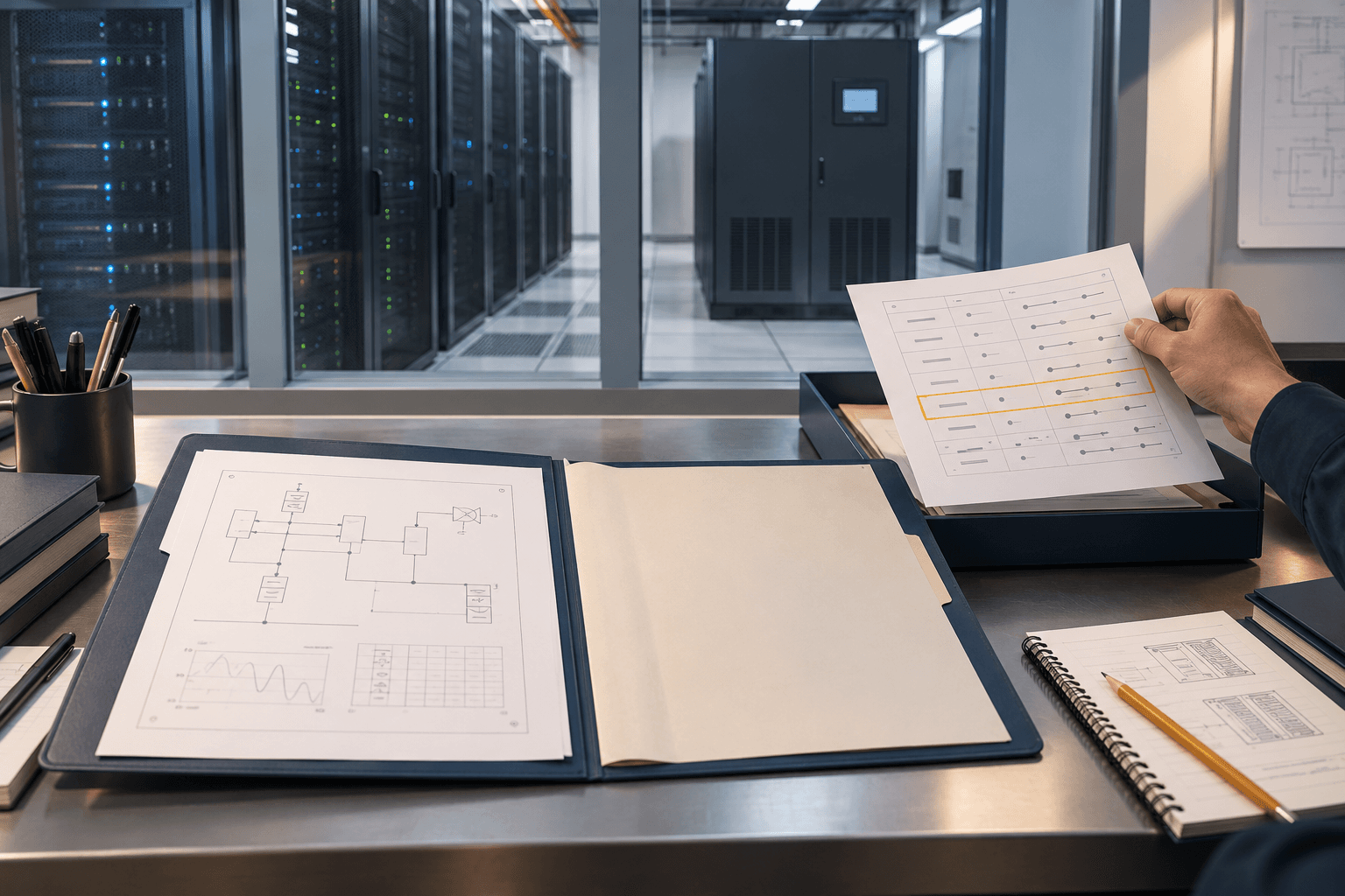An engineering desk with a hand lifting a grid-response recommendation sheet, an amber review row, server racks and a closed UPS cabinet.