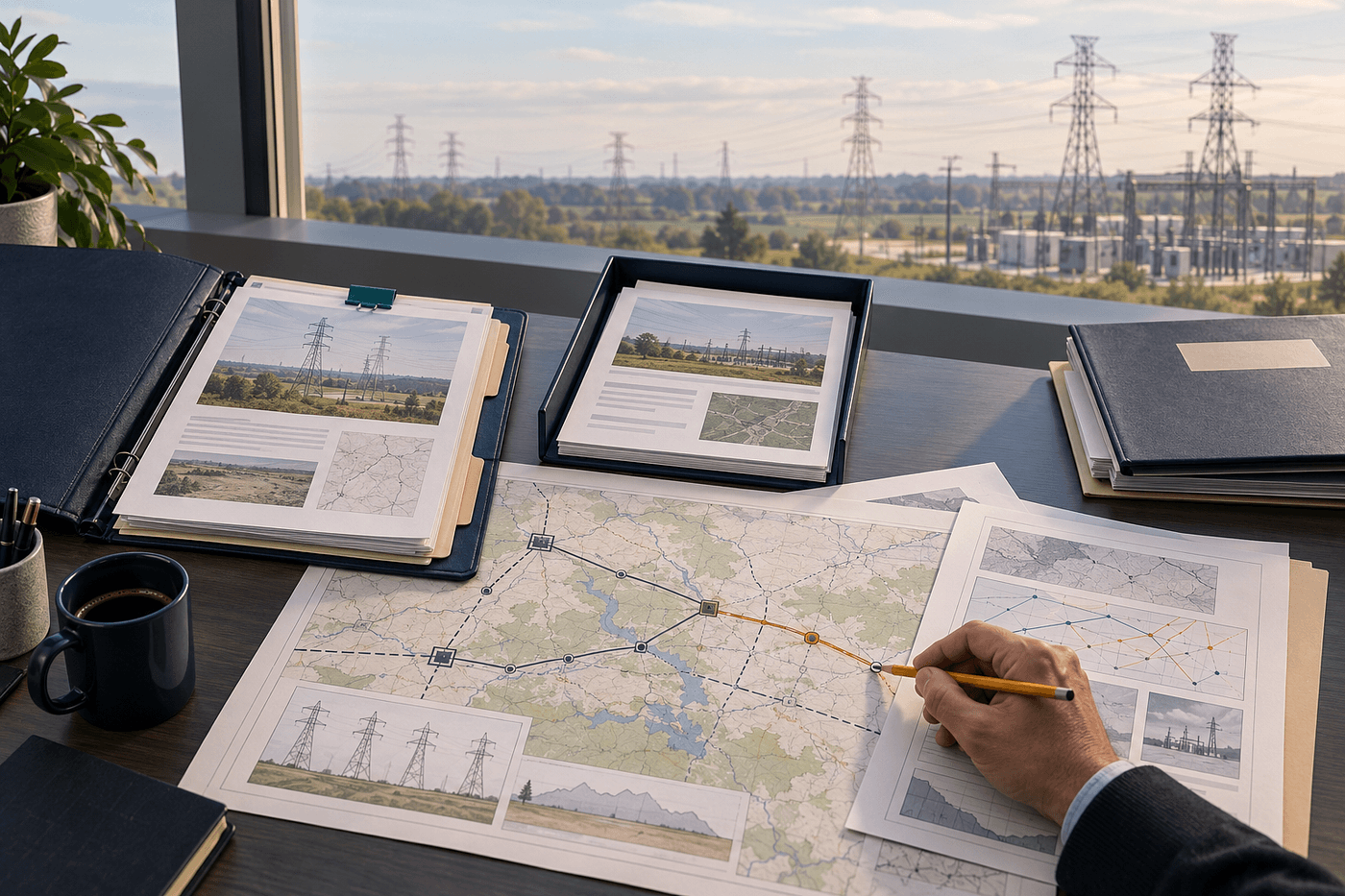 Conceptual illustration of a utility planning desk with separate application records and engineering maps, overlooking transmission towers and a substation.