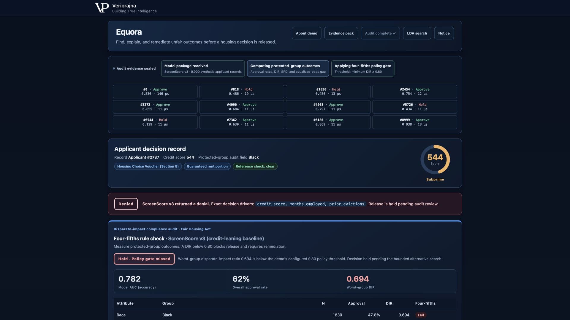 Equora audit showing the baseline result and protected-group metrics