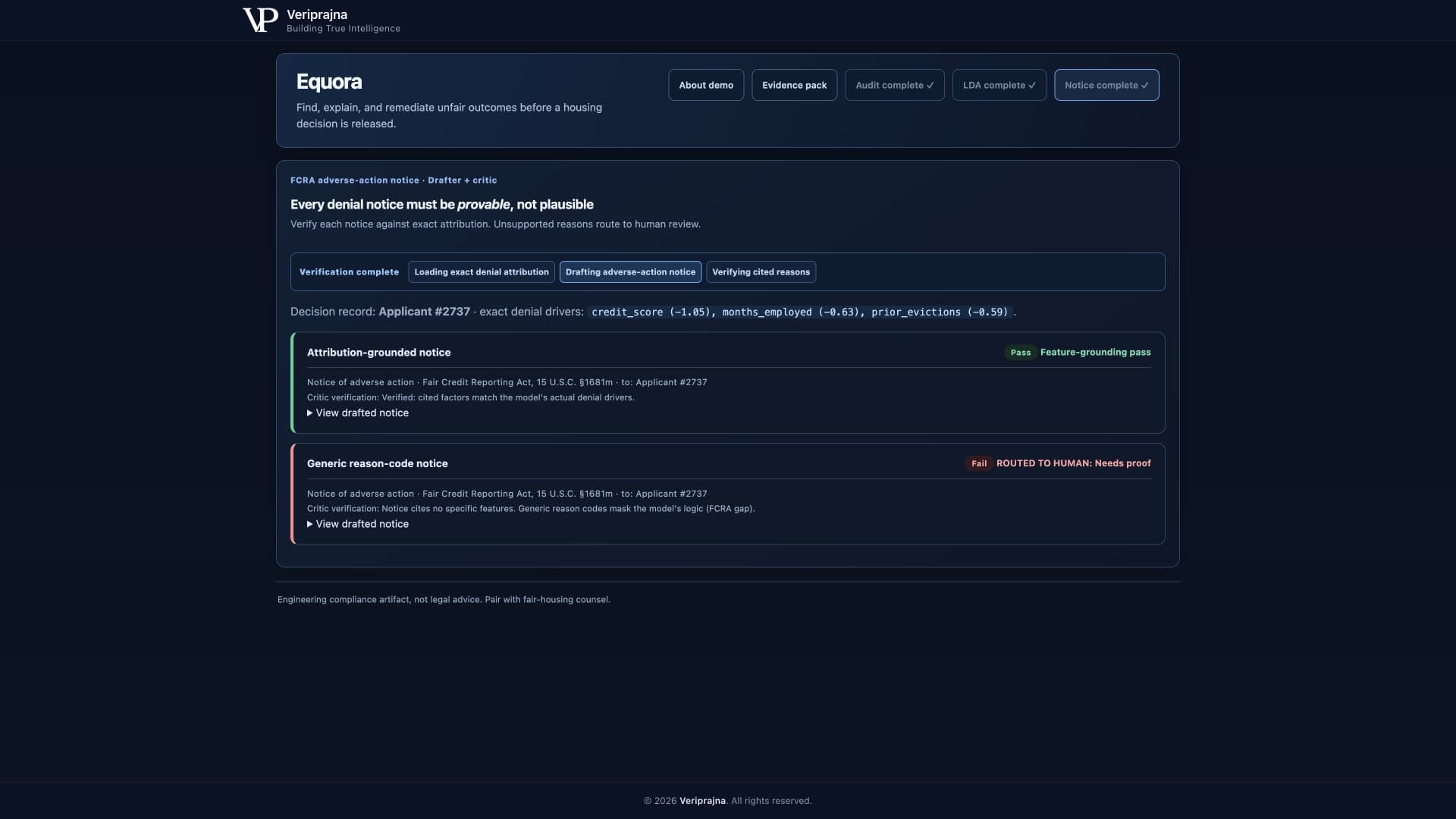 Equora notice verification showing a grounded pass and a generic-reason human-review route