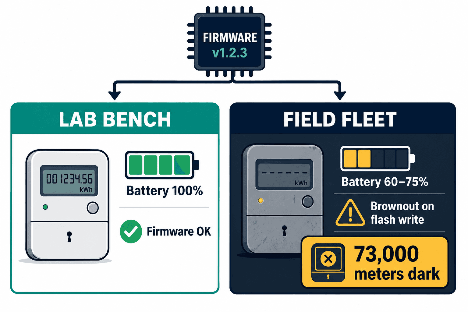 Same firmware, two outcomes: a healthy lab-bench meter versus a field fleet that browns out, 73,000 meters dark