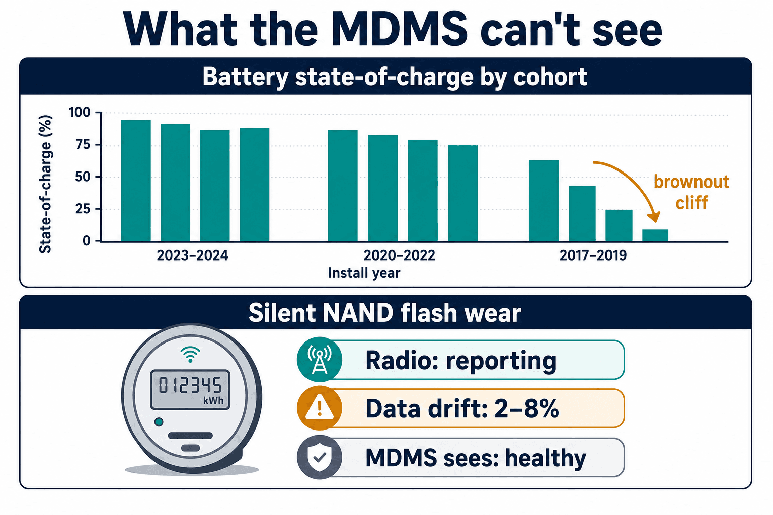 Two failure signals the MDMS misses: battery state-of-charge by cohort, and silent NAND flash wear while the meter still reports